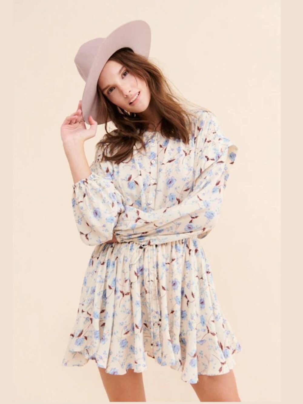 Free People Flower Fields Mini Dress Sz XL Ivory Blue Floral Long Sleeve Tunic